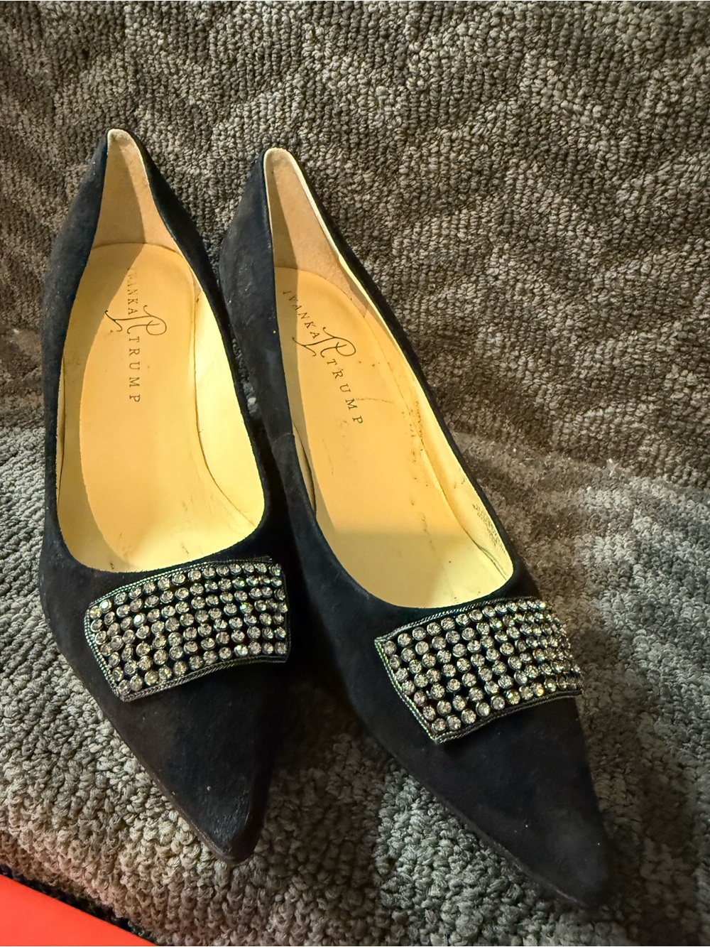 Ivanka Trump Black Pointed-Toe Flats with Crystal Buckle